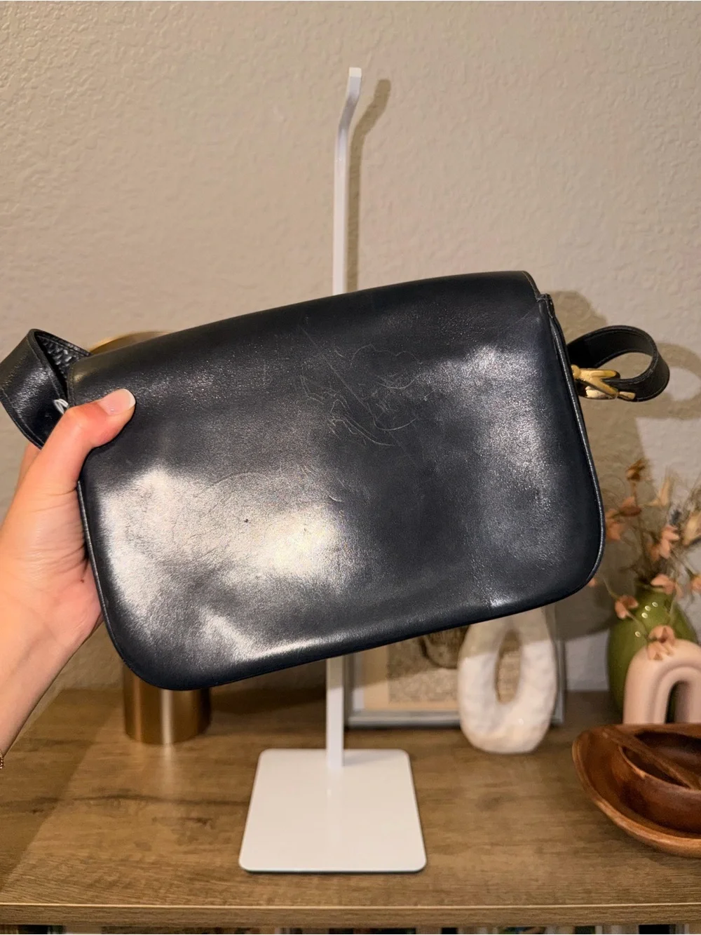 Vintage Black Leather Celine Shoulder Bag with Gold Hardware
